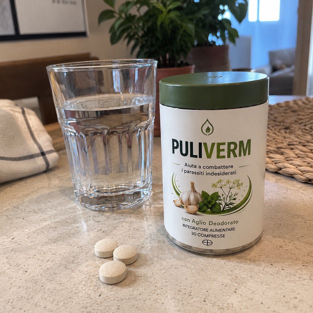 Puliverm con bicchiere d'acqua